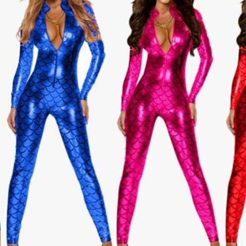 New Women jumpsuit Sexy Monos For Women Metal Snake Skin Faux Leather Zipper Bodycon Jumpsuit Long Sleeve Bodysuit Plus Size