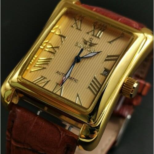 New SEWOR Top Brand Luxury Rectangular Men Watches Automatic Mechanical Antique Clock Relogio Wrist Watch Leather