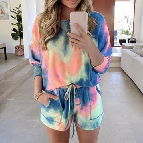 Pajama Sets Women Tie Dye Print Homewear Casual Biker Shorts Sports Tracksuits Sleepwear Pajamas Lounge Wear