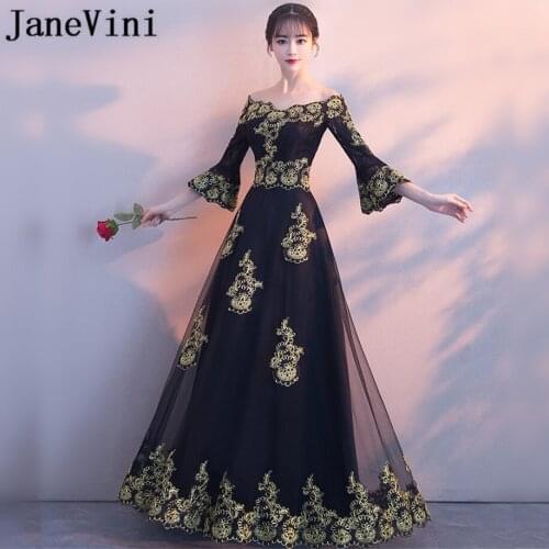 JaneVini Arabic Black Long Godmother Gowns Mother of the Bride Dresses With Gold Lace Appliques Evening Formal Dress for Women