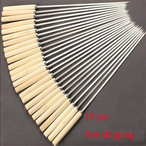 10 Pcs Flat Barbecue Stick BBQ Roasting Needle With Wooden Handle Brochette Tong Kebabe Skewers Stainless Steel Roasting Tools
