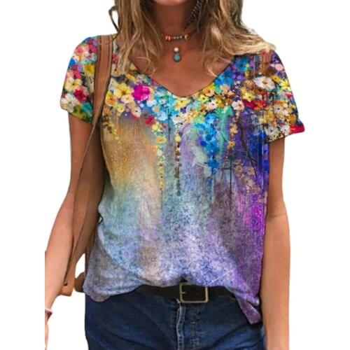 Plus Size 5XL Oversized Ladies Tops Women Floral 3D Print T Shirt Loose V-Neck Short Sleeve Casual Tee Top Summer New Streetwear