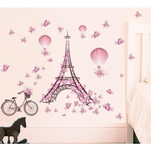 Romantic Eiffel Tower wall Stickers decals Living Room Bedroom Decoration Bicycle Flower Hot Air Balloon Wedding Decoration