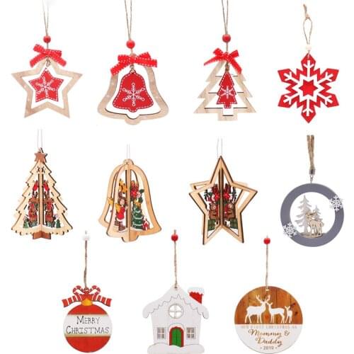 Merry Christmas Wooden Pendants Ornaments DIY Snowflakes Xmas Tree Ornaments Christmas Party Door Hanging Decorations Kids Gift