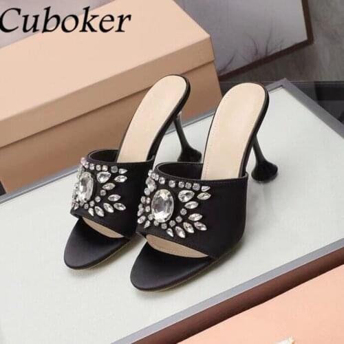 Summer Peep Toe Black Stain Women Slippers High Heel Sweet Ladies Crystal Slides Brand Runway Party Dress Shoes For Women Mujer