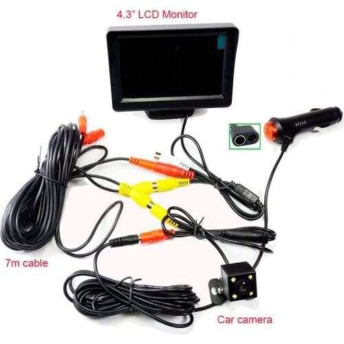 2n1 Auto Car Parking System 4.3"LCD Monitor With 4LED Car Rear View Camera Cigarette Lighter Power RCA Video Cable kit