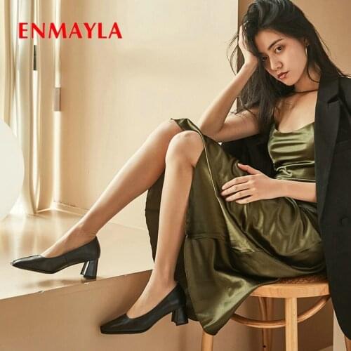 ENMAYLA Genuine Leather Pumps Women Shoes Basic Square Heel Casual Square Toe Slip-On High Heels Fashion Shallow Mules 34-40