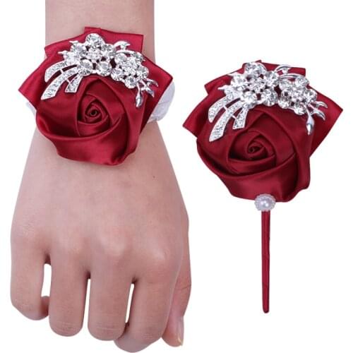Wine Red Bride And Bridesmaid Wrist Corsage Ribbon Rhinestone Groom Suit Lapel Pin Handmade Wedding Supplies T001