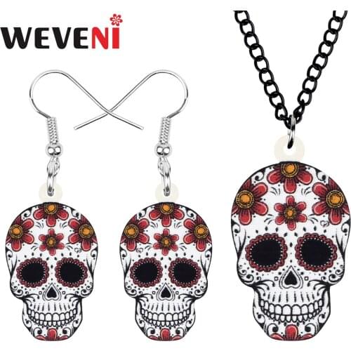 WEVENI Acrylic Halloween Skull Jewelry Sets Floral Flower Aesthetic Earrings Necklace For Women Girls Lover Unique Party Gift
