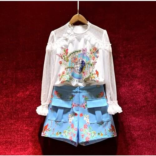 European and American womens summer 2021 new Long sleeve beaded print shirt Blue shorts Fashion suits