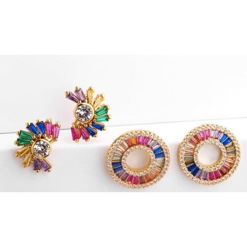 2 Pairs Womens AAA Colorful CZ Crystal 18K Gold Plated earring Stud