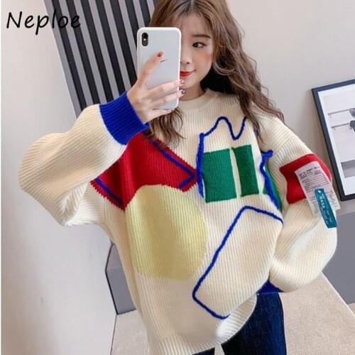 Contrast Color Panelled Student Sweater Women Autumn Winter New O-neck Knitted Pullover Tops Woman Loose Fashion Sweaters