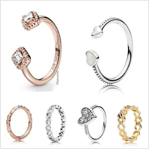 Original 925 Sterling Silver Rose Square Sparkle Open Rings For Women Wedding Party Gift Europe Pandora Jewelry