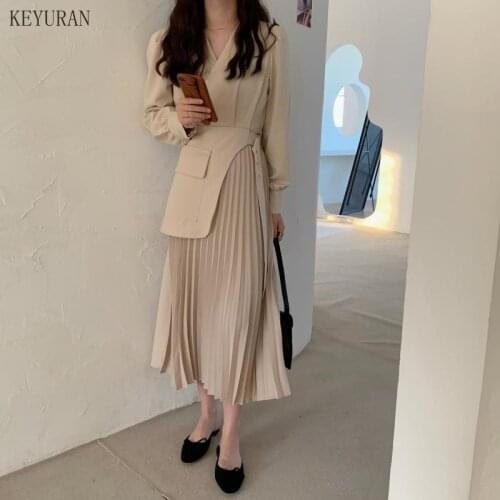 Korean Chic Temperament V-neck Cross Belt Patchwork Fake Two-piece Pleated Dress Long Vintage Plus Size Vestidos Gentle Slim