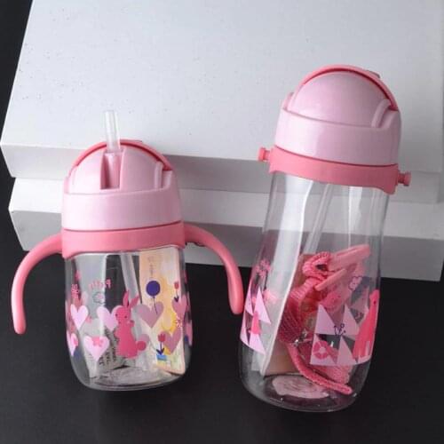 230/450ml Cute Baby Straw Water Bottle Silicone Infant Feeding Flip Lid Leak Proof Training Tritan Bottle with Handle & Strap