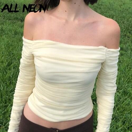 ALLNeon Vintage 90s Off Shoulder Ruched Mesh Crop Tops Y2K Streetwear Flare Sleeve Yellow T-shirts Fashion Tees Spring 2021 Slim