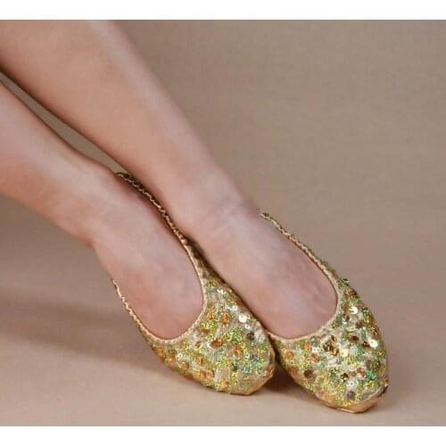 Adult Soft Gold Silver Sequin Oriental Belly Ballet Dance Shoes for Women Ballerina Gymnastics Foldable Practice Dancing Flats