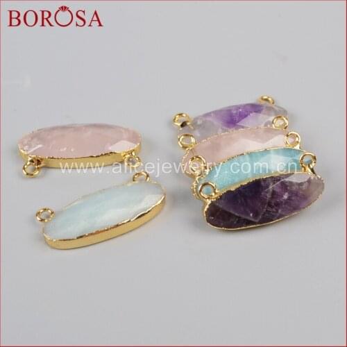 BOROSA 10 pcs Hot And New Gold Color Long Egg Shape Multi-Kind Faceted Stones Connector Double Bails G0943