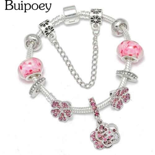 Buipoey Charm Bracelets Flowers Full Of Branches Pendant Peach Blossom Spacer Beaded Bangle For Women Men Original Jewelry