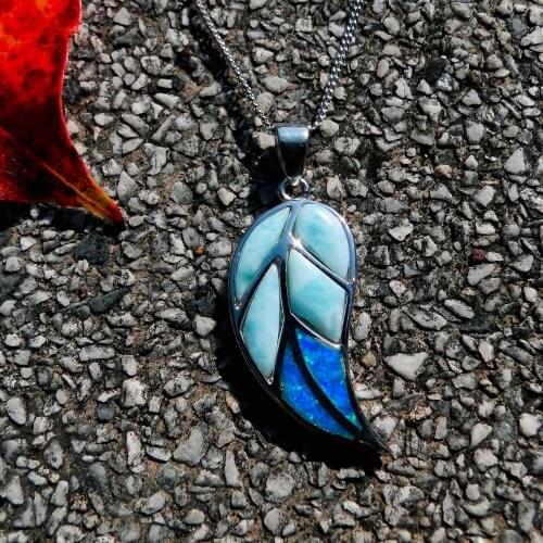 DJ CH 100% Real Larimar Jewelry Tree Leaf Pendant Larimar Opal Inlay Leaf 925 Silver Pendants Necklace For Women Gift