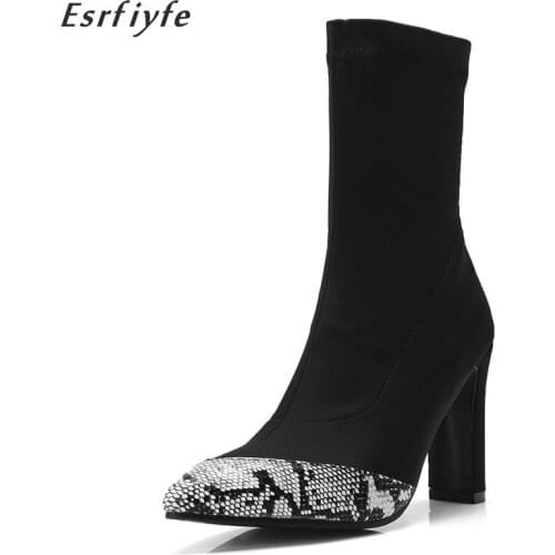 ESRFIYFE 2020 Women Sock Boots Pointed Toe Elastic Snakeskin grain Slip on Ankle Boots High Heel Botas Zapatos De Mujer Shoes