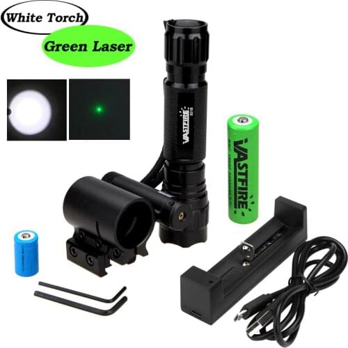 501B T6 White Scout Weapon Light Airsoft Linterna Hunting Rifle Flashlight+20mm Rail Mount Green Laser Pen Dot+18650+CR2+Charger