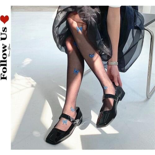 Gothic Blue Butterfly Thigh High Stocking Sexy Woman 2021 Summer Breathable Over-the-knee Tights Lolita Kawaii Pantyhose Female