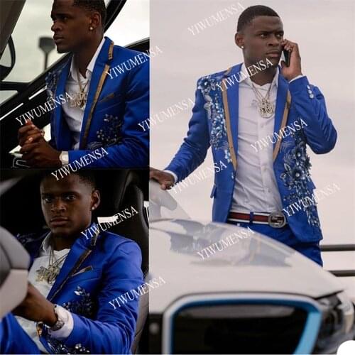 Handsome 3D Flowers Wedding Suits For Men 2 Pieces Gold Peaked Lapel Jacket With Pants Slim Fit Groom Tuxedos Blazer Masculino