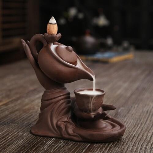 New Peculiar Creative Home Decorations Zen Meditation Buddha Hand Lotus Tea Ceremony Backflow Incense Burner JU31509