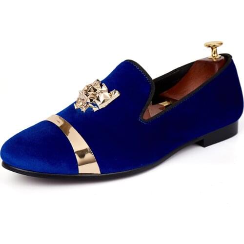 Harpelunde Men Flats New Arrival Dress Shoes Blue Velvet Loafers With Animal Buckle Size 7-14