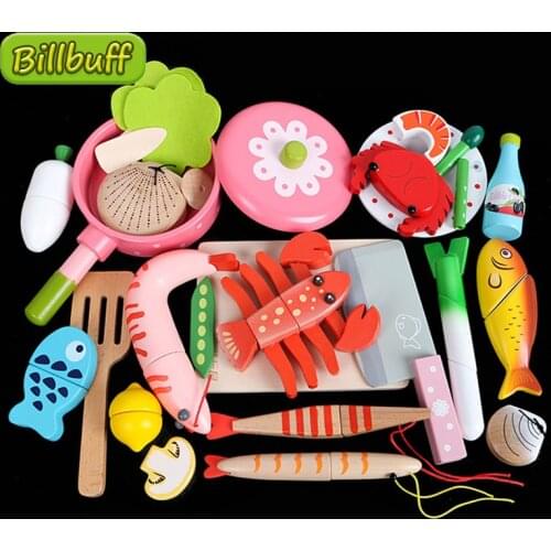 Montessori Simulation Wooden Magnetic Cutting Seafood Lobsters Crab Game Kitchen Model Early Educational Toys for Children Gift