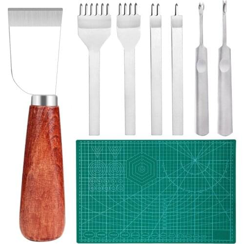 Nonvor Leather Cutting Knife DIY Tools Kit Cutting mat Leathercraft Wooden Handle Stainless Steel Shovel DIY Tool Set