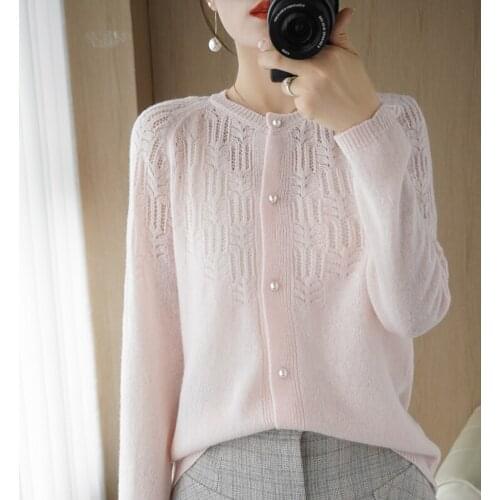 Spring and Autumn New Cashmere Womens O-neck Cardigan Sweater Hollow Knitted Large Size Top 100% Pure Wool Sweater Thin Jacket