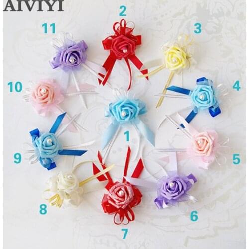 Whoesale 2Pcs/lot PE Rose Flower Calla Lily Wedding Wrist Flower Hot Pink Bridesmaid Silk Corsage Hand Flowers For Mariage