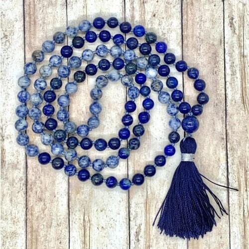 Logic Wisdom and Truth Mala Necklace 108 Mala Beads Yoga Jewelry Natural Lapis and Blue J-asper Tassel Necklace
