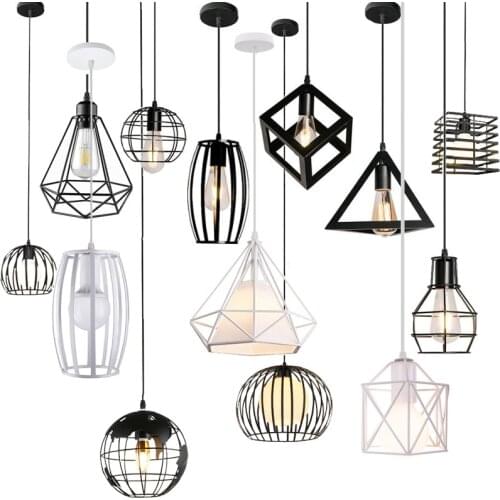 Retro Industrial Iron Pendant Lights Vintage Indoor Lighting Corridor Black White E27 LED Light Loft Cage Pyramid Hanging Lamps