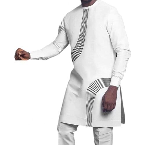 Midi Shirt LongSleeve Stripe Print Midi Shirt Breathable Crew Neck Side Split Men Traditional Shirt Pullover Top for Music Event