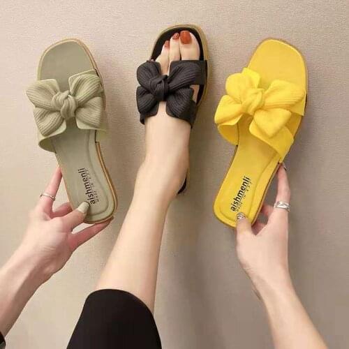 Womens Summer Sandals One Line Flat Slippers With Bows Fashionable And Versatile Anti Slip Womens Slippers Soft Soled Shoes