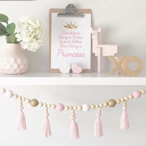 Nordic children’s baby room decoration woolen yarn and beads garland hanging tassel pearl decoration props nursery tent decor