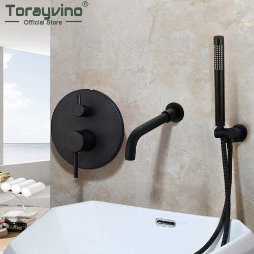 Torayvino 2-Functions Matte Black Bathroom Bathtub Wall Mounted With Shower Handle Faucet Solid Brass Hot & Cold Water Mixer Tap