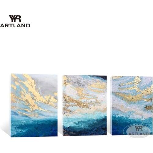 Home decoration pieces 3 panel canvas wall art pictures Hand drawn abstract oil painting blue and gold sky landscape for room