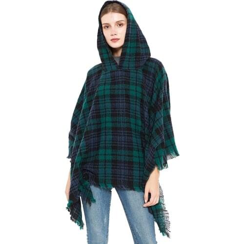 Spring Autumn Winter Christmas Green Checked Shawl Tassels Circle Yarn Fringed Plaid Hooded Cloak Cape Poncho Pashmina Wrap Tops