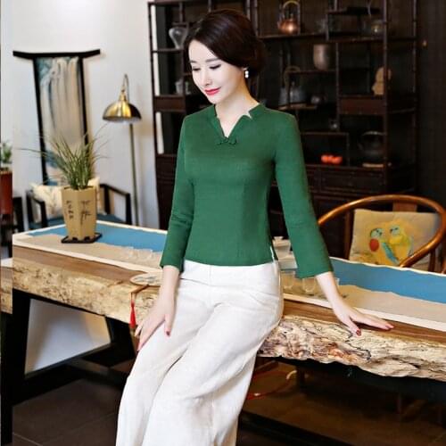 Spring Shirts Women Solid Color Cotton Linen Blouses Female Casual Three Quarter Sleeve V Collar dark green Tops new arrival