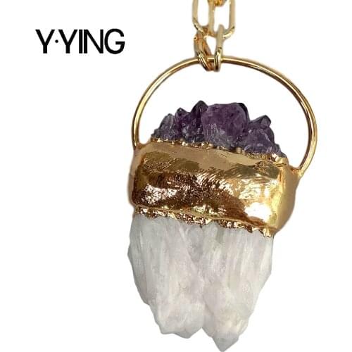 Y·YING natural White Quartzs Druzy Amethysts Luster rough Pendant necklace gold color plated Chain Necklace 20" for women