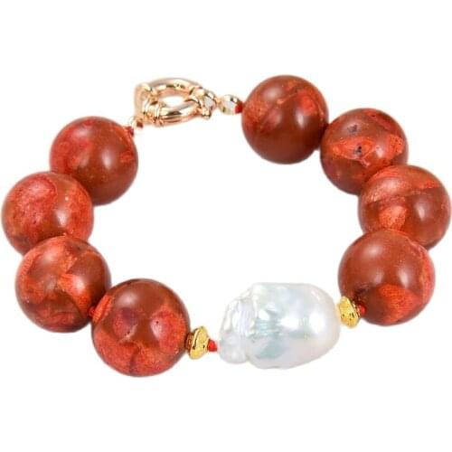 GG Jewelry 18mm Red Round Sponge Coral White Kehsi Pearl Strand Bracelet 8" Handmade Style For Women Lady Jewelry