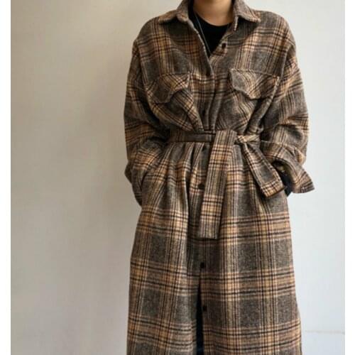 Women Autumn Winter Long Woolen Plaid Shirt Coat Long Sleeve Plus Size Bandage Elegant Overcoat Outwear Vintage Jacket Cloak