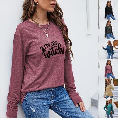 Womens Halloween T-Shirt Long Sleeve Tops Letter Print Round Neck Pullover Casual Females Blouse