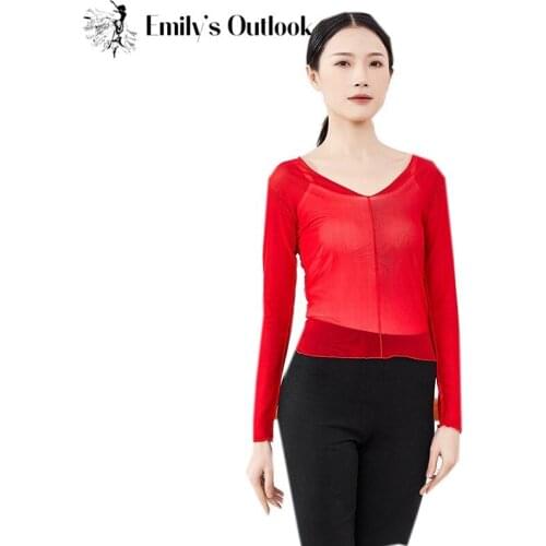 Women Mesh Shirt Transparent Dancer Practice Wear Long Sleeve Top Sexy V Neck Modern Dance Blouse Plus Size Red