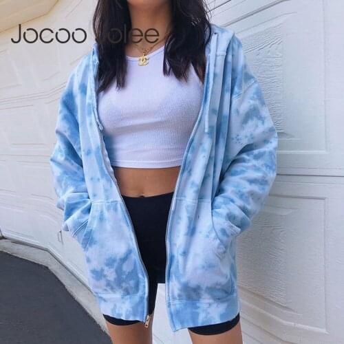 Jocoo Jolee Women Autumn Casual Tie Dye Hoodies Long Sleeve Hooded Zipper Jackets for Women Pockets Loose Sweatshirt Streetwear