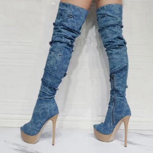 SEIIHEM Women Thigh High Boots Platform Peep Toe Denim Over Knee Boots High Heels Party Female Shoes Woman Big Size 41 44 52